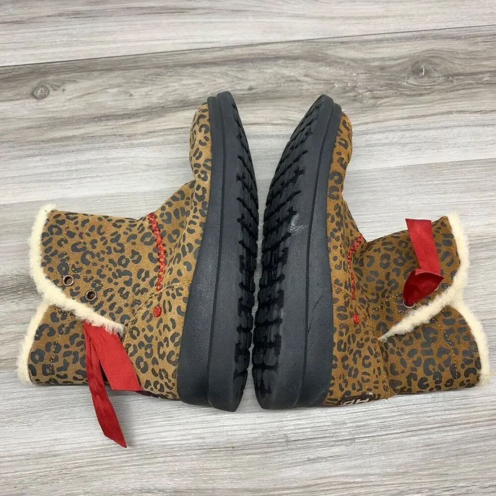UGG‎ I Love Ugg Leopard Print Boots Size 6 Womens Pull On Red Ribbon